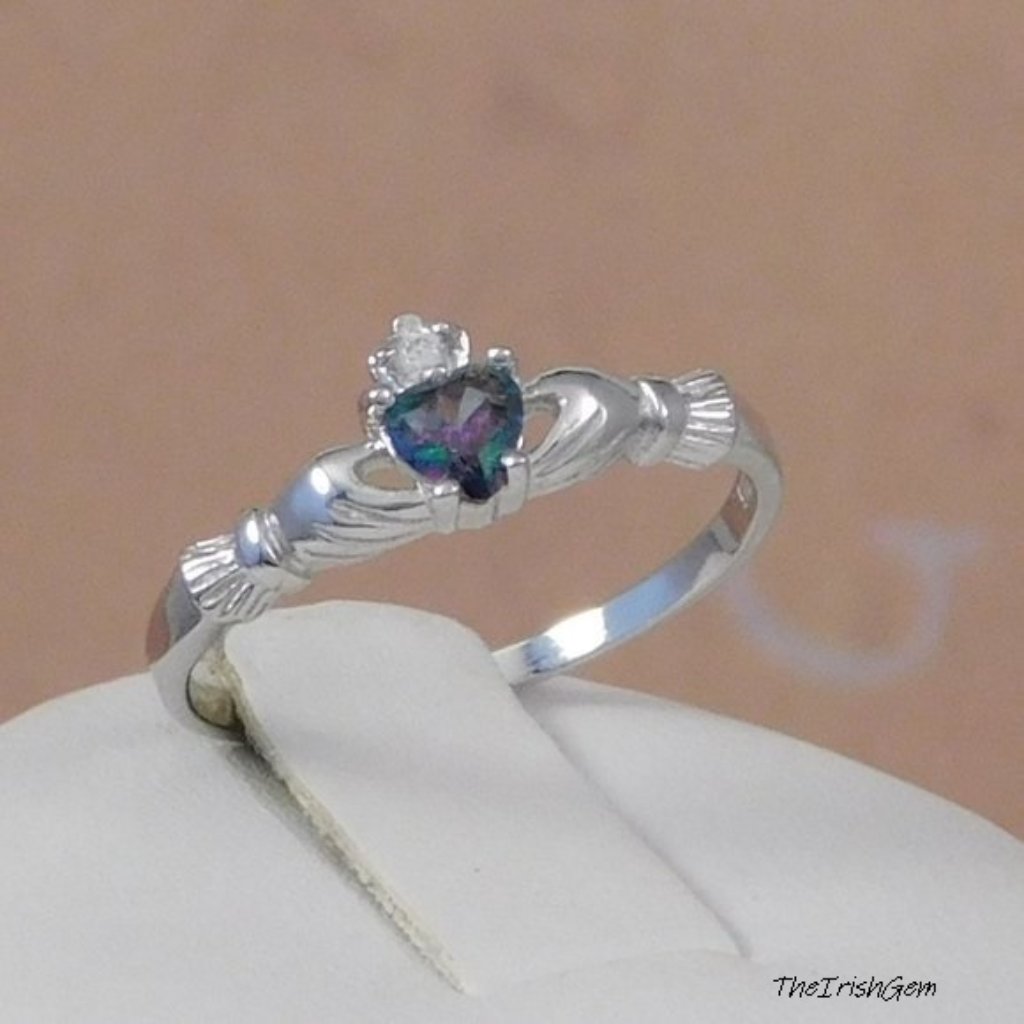 Dainty Irish Claddagh Ring With Rainbow Topaz